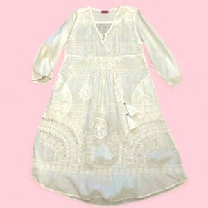 Ruby Yaya Sundance White Maxi Dress Eyelets Lace Tassels Large